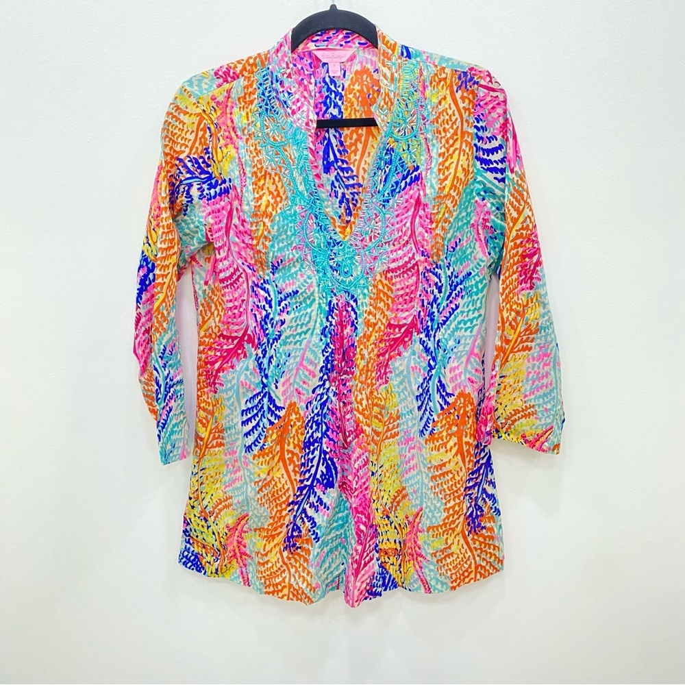 Lilly Pulitzer Women's Colorful Beaded Printed Tunic Top Size M